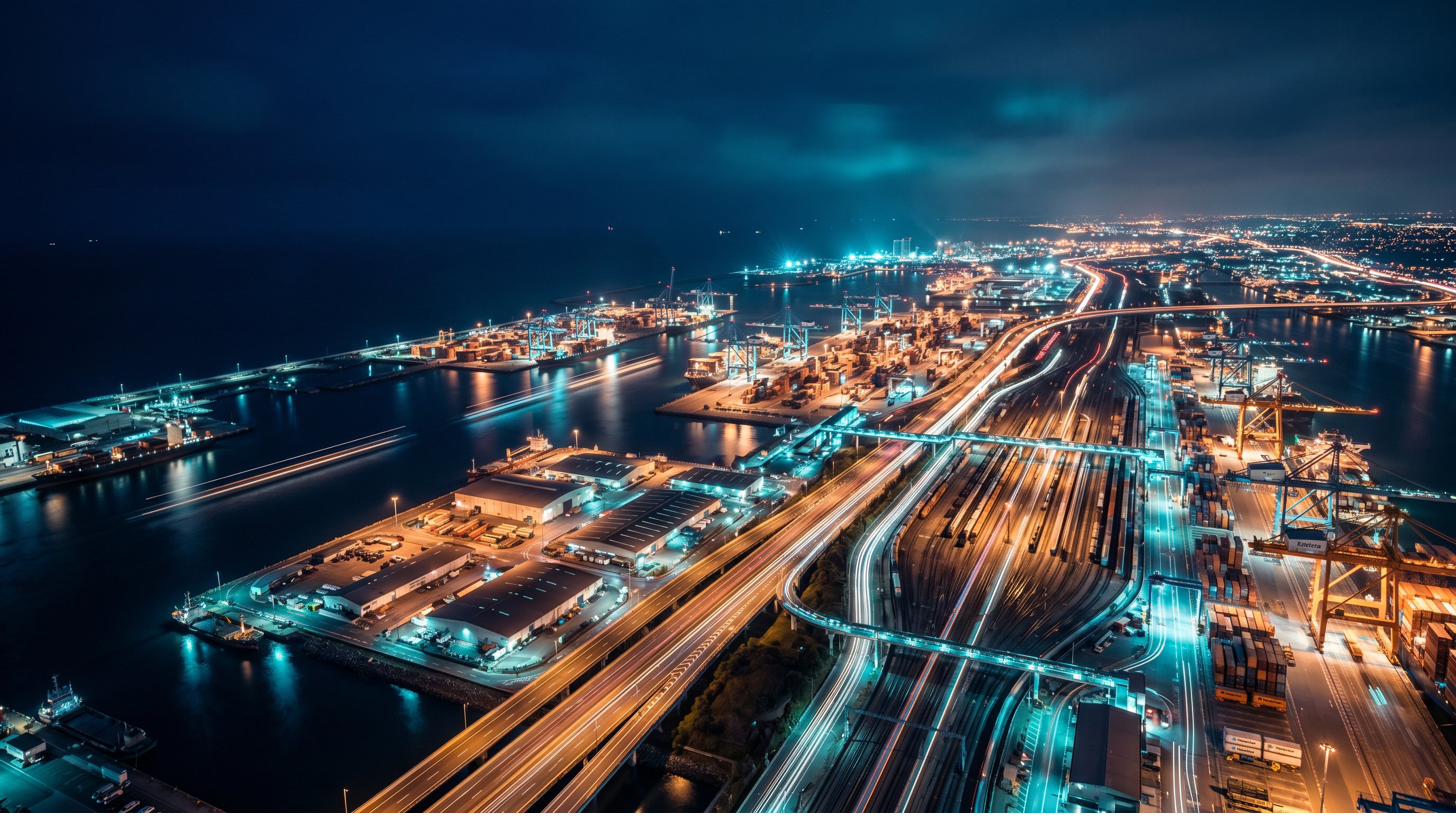 Aerial night view of a working port — shipping terminals, rail yards and illuminated freeways forming a connected operating system.
